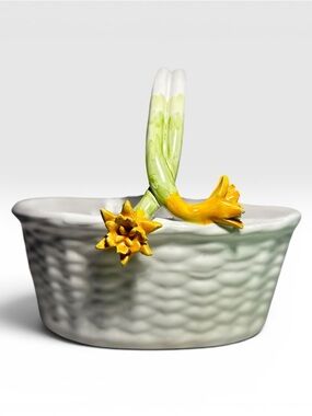 Studio Nova Portuguese Hand Painted Glazed Ceramic Basket Yellow Flowers 9.75x 9